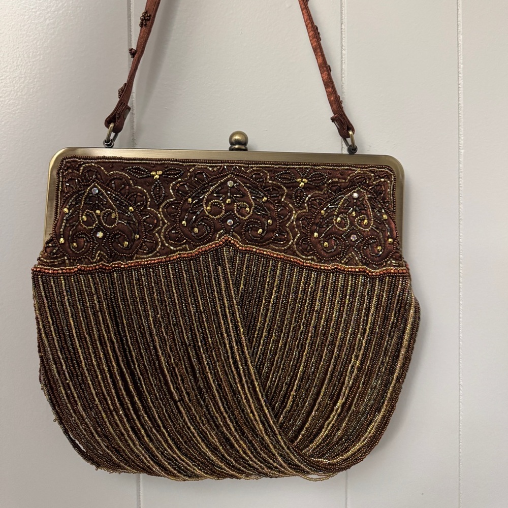 Y2K Bronze Beaded Fringe Clutch Purse Brown Formal Evening Bag Sequin Embroidery - Picture 1 of 7
